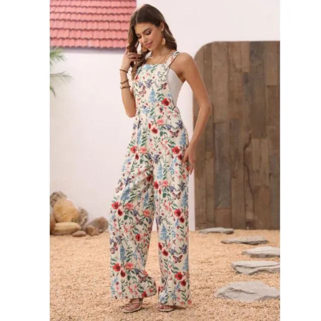 Cross border Floral Print Button Wide Leg Jumpsuit In Stock Apricot - Shop at LoveMi