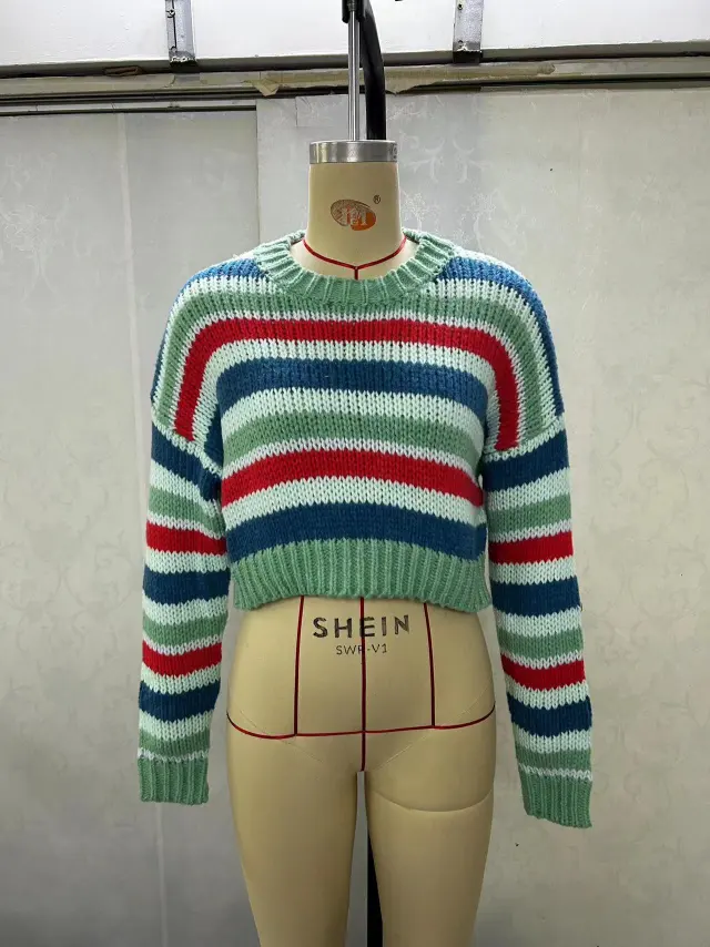 Loose Leisure Short Contrast Color Striped Sweater Top Green - Shop at LoveMi