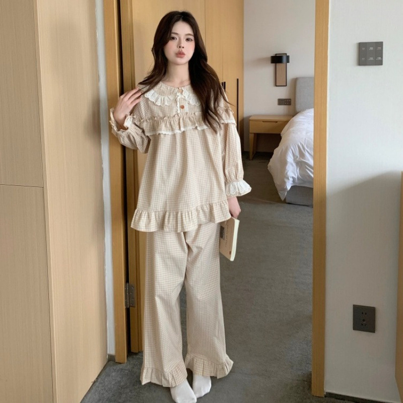 Loose, Breathable Cotton-linen Plaid Long-sleeve Loungewear Set For Indoor And Outdoor Wear