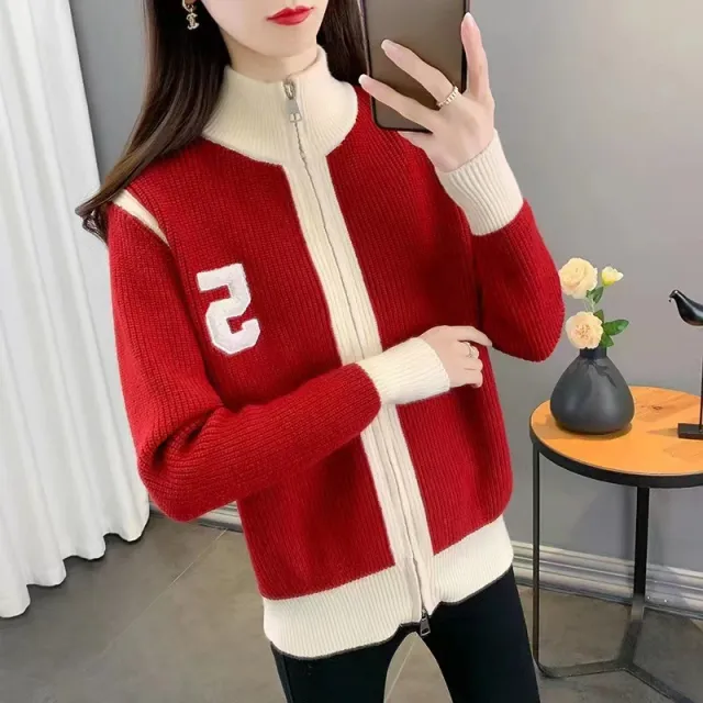 New Korean Style Loose High Collar Knitwear Sweater Cardigan Women's Zipper Coat Red - Shop at LoveMi