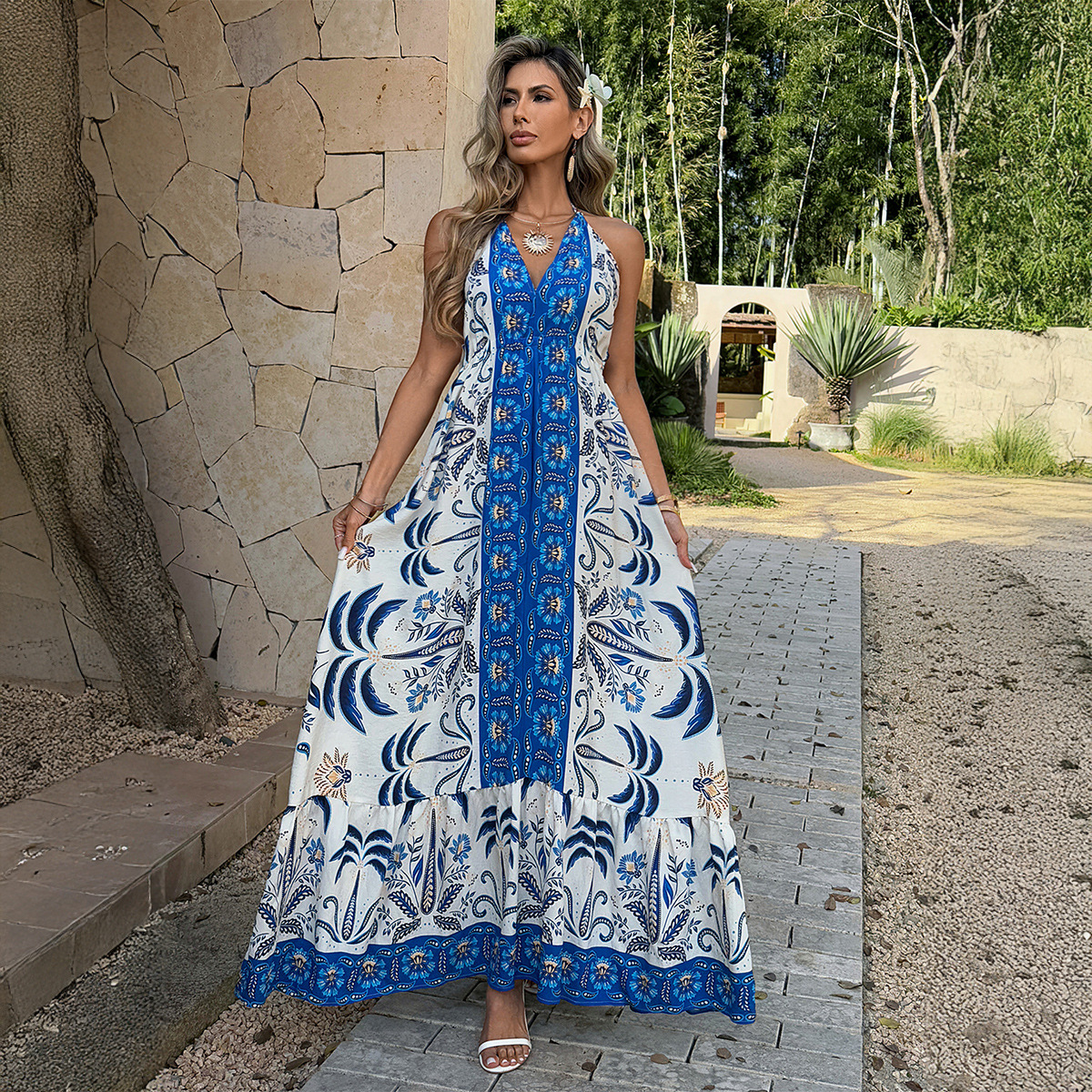 Bohemian-style Printed Halterneck Resort Dress With A Cinched Waist