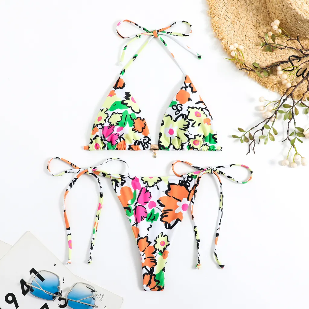 European And American New Tie-dye Lace-up Bikini - Floral