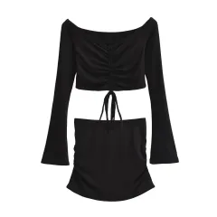 Solid-color Drawstring Pleated Wrap Skirt And Top Set For Women - Black - View 1