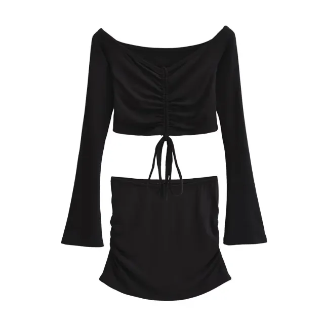 Solid color Drawstring Pleated Wrap Skirt And Top Set For Women Black - Shop at LoveMi