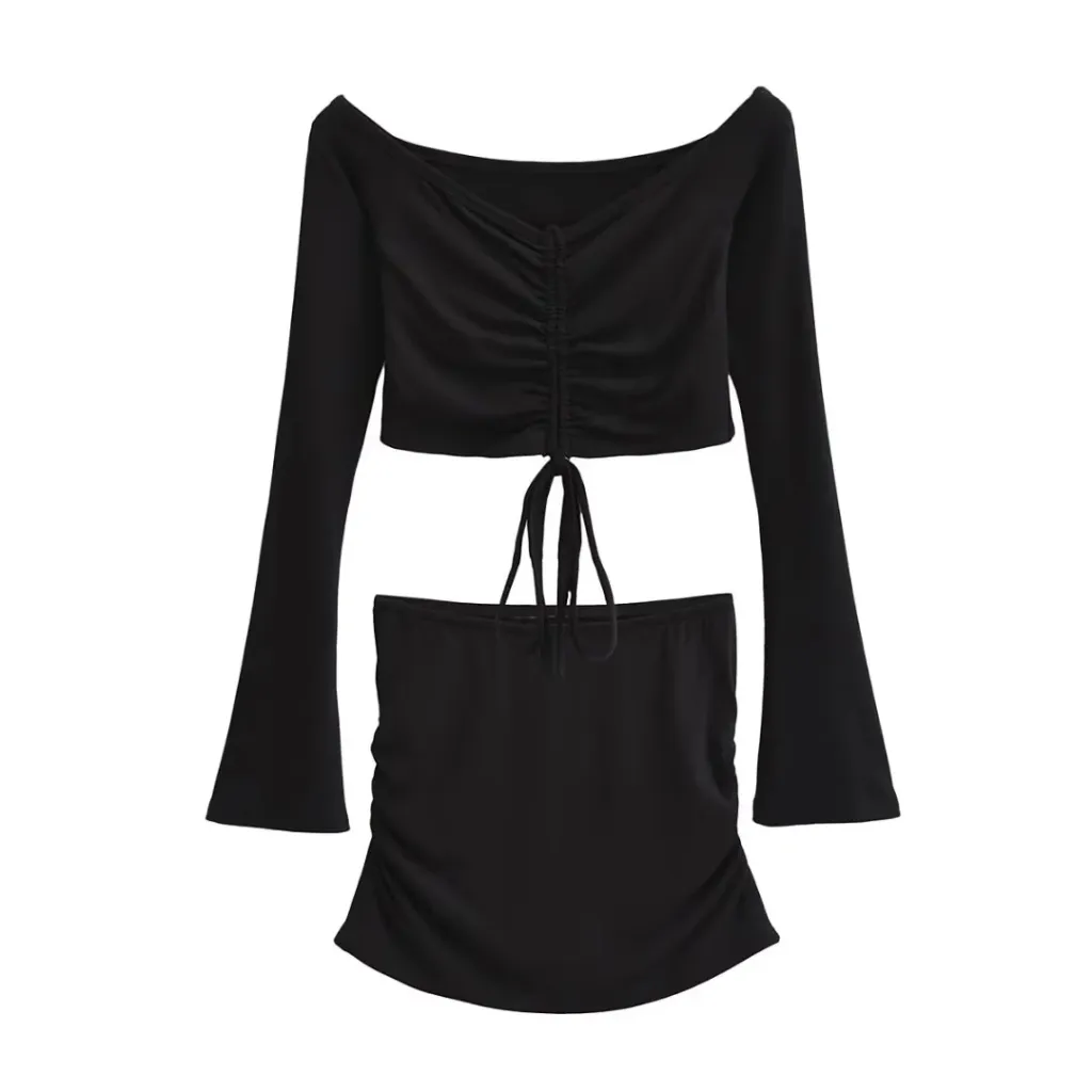 Solid-color Drawstring Pleated Wrap Skirt And Top Set For Women - Black
