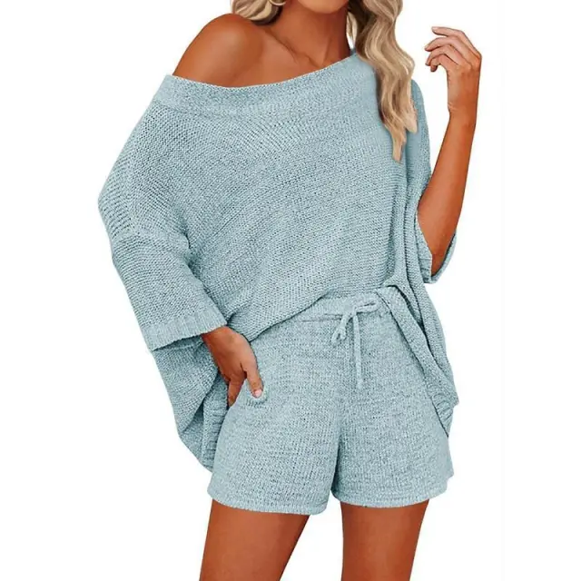Women's Outfits Sweater Sets Off Shoulder Knit Top Skyblue - Shop at LoveMi