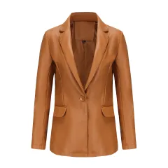 Single Button Commute Leisure Solid Colour Leather Coat - Camel - View 1