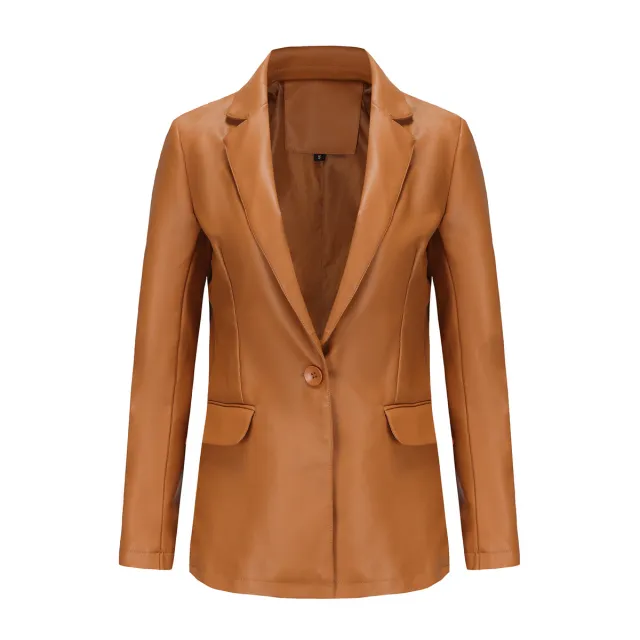 Single Button Commute Leisure Solid Color Leather Coat Camel - Shop at LoveMi