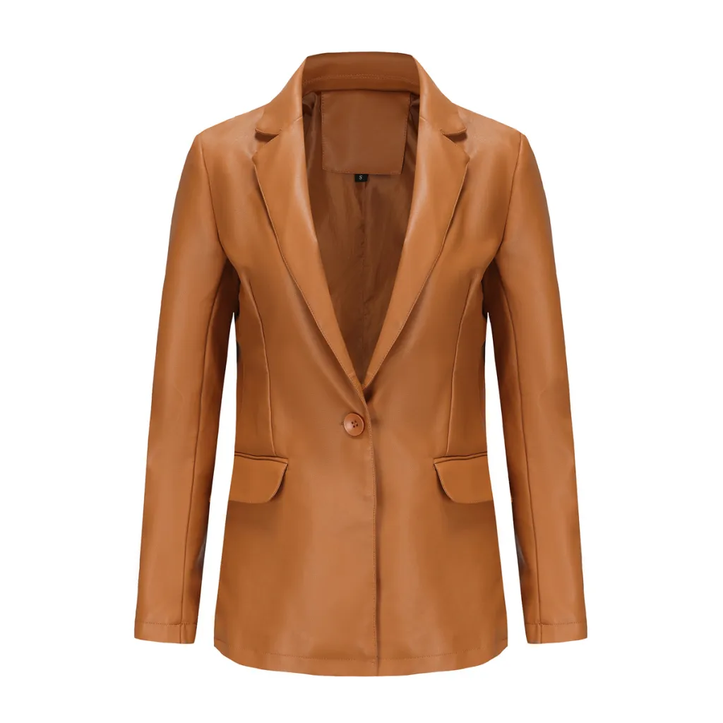 Single Button Commute Leisure Solid Color Leather Coat - Camel