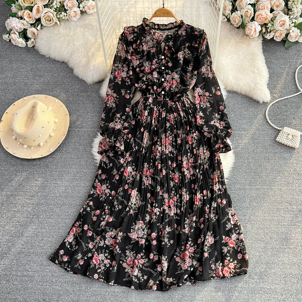 Womens Casual Round-neck Chiffon Dress With Ruffled Trim And Floral Print