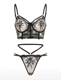 Stylish French-Style Embroidered Crop Top And Underwire Bra Set For Women - Black - View 1