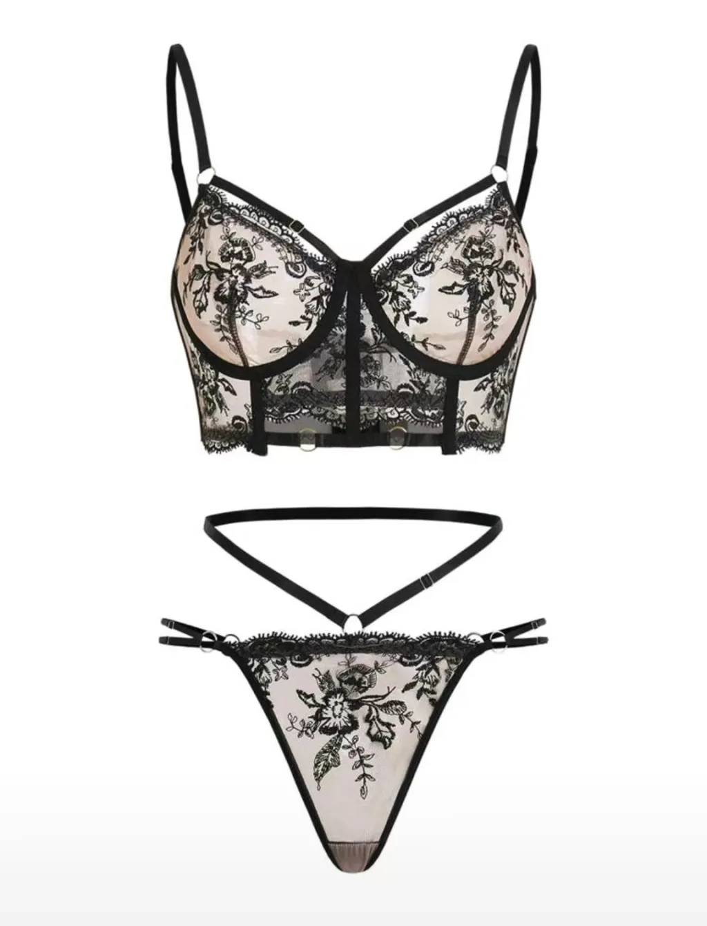 Stylish French-Style Embroidered Crop Top And Underwire Bra Set For Women - Black