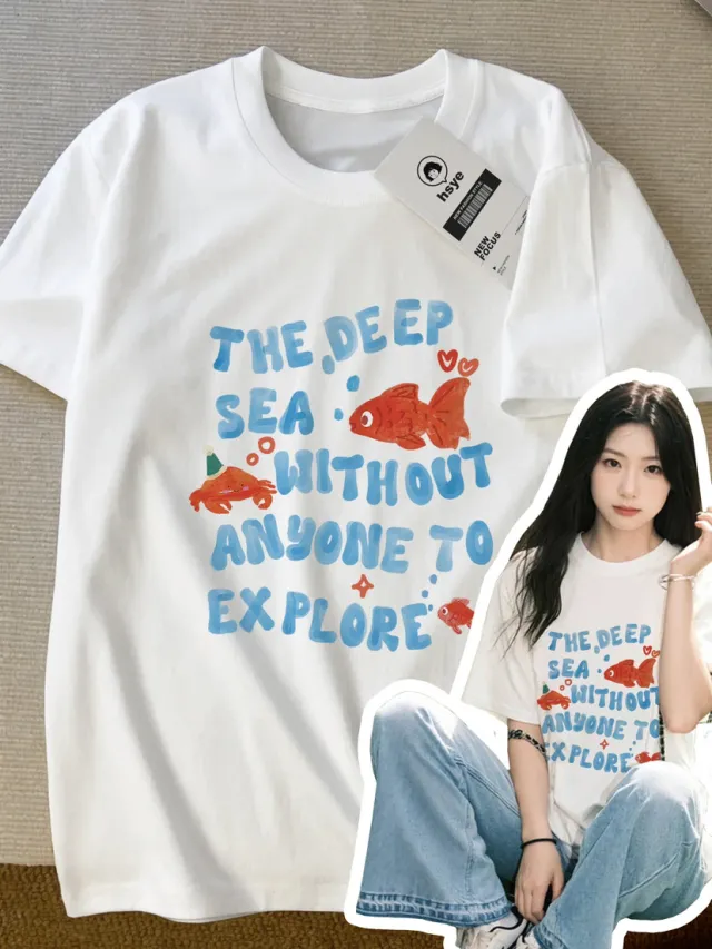 Cute Goldfish Printed Short Sleeve White Cotton T shirt White - Shop at LoveMi
