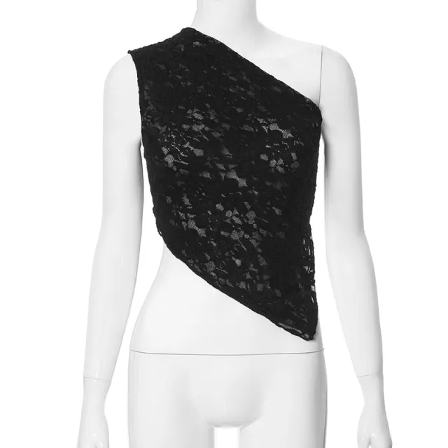 Lace Diagonal Collar Cardigan Loose Stitched Backless Solid Color Top Black - Shop at LoveMi
