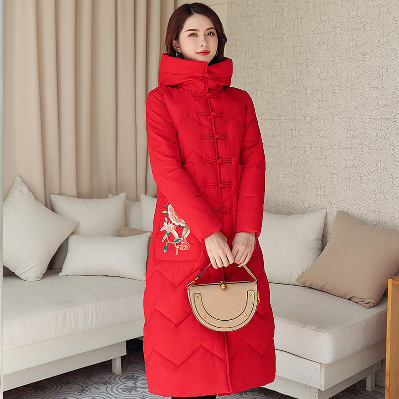 Winter New Vintage Cotton padded Jacket Ethnic Embroidery Ladies Below The Knee Cotton Clothes Red - Shop at LoveMi