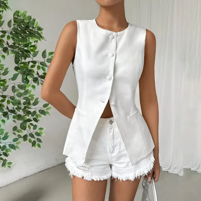 Sleeveless Button Round Neck Elegant Vest White - Shop at LoveMi