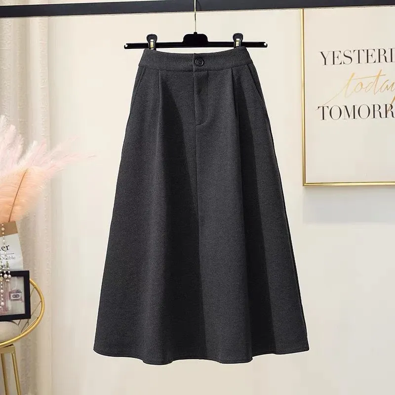 Plus Size Skirt Hepburn Style Woolen A- Line Autumn And Winter Umbrella Skirt - Gray
