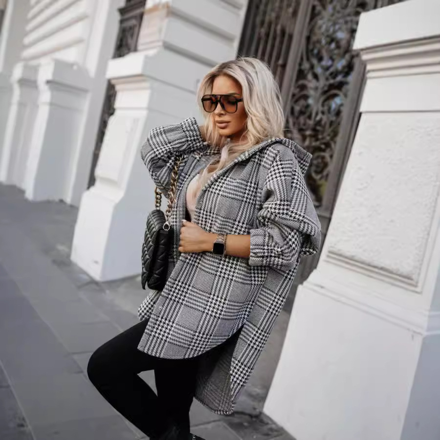 New Hooded Plaid Coat Loose Fashion
