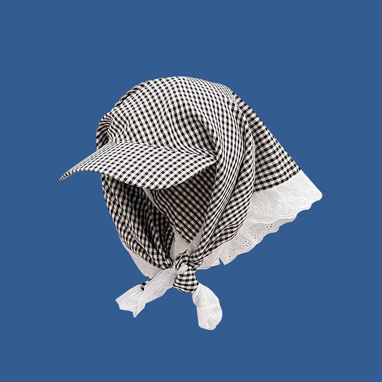 New Japanese-style Fresh And Chic Plaid Lace-trimmed Headscarf With Tie For Women