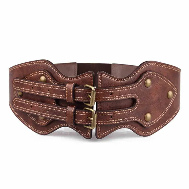 Women's Double Pin Buckle Head Elastic Wide Belt Brown - Shop at LoveMi