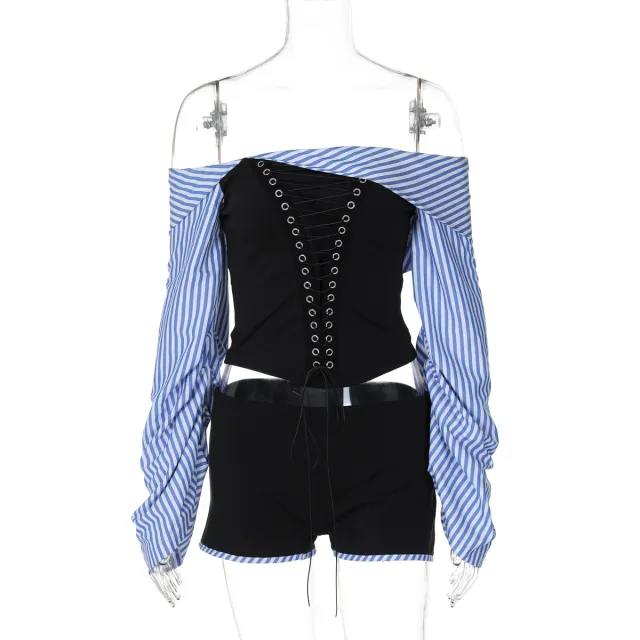 Off neck Irregular Stitching Lace up Striped Shirt Shorts Two piece Set Black - Shop at LoveMi