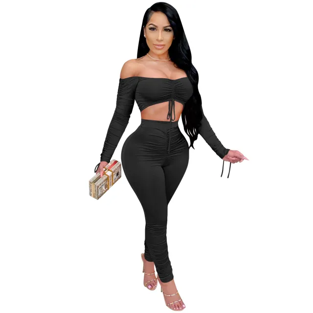 Pleated Off shoulder Drawstring Oversleeves Lace up Women's Clothing Black - Shop at LoveMi