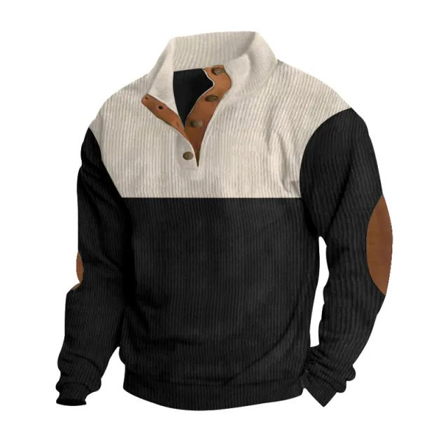 Men's Casual Button Half open Stand Collar Coat Fashion Colorblock Sweater Black - Shop at LoveMi