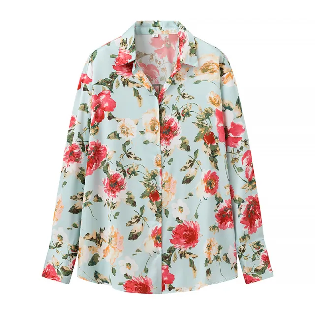 Women's Casual Vacation Style Loose Floral Print Silk Texture Shirt Green - Shop at LoveMi