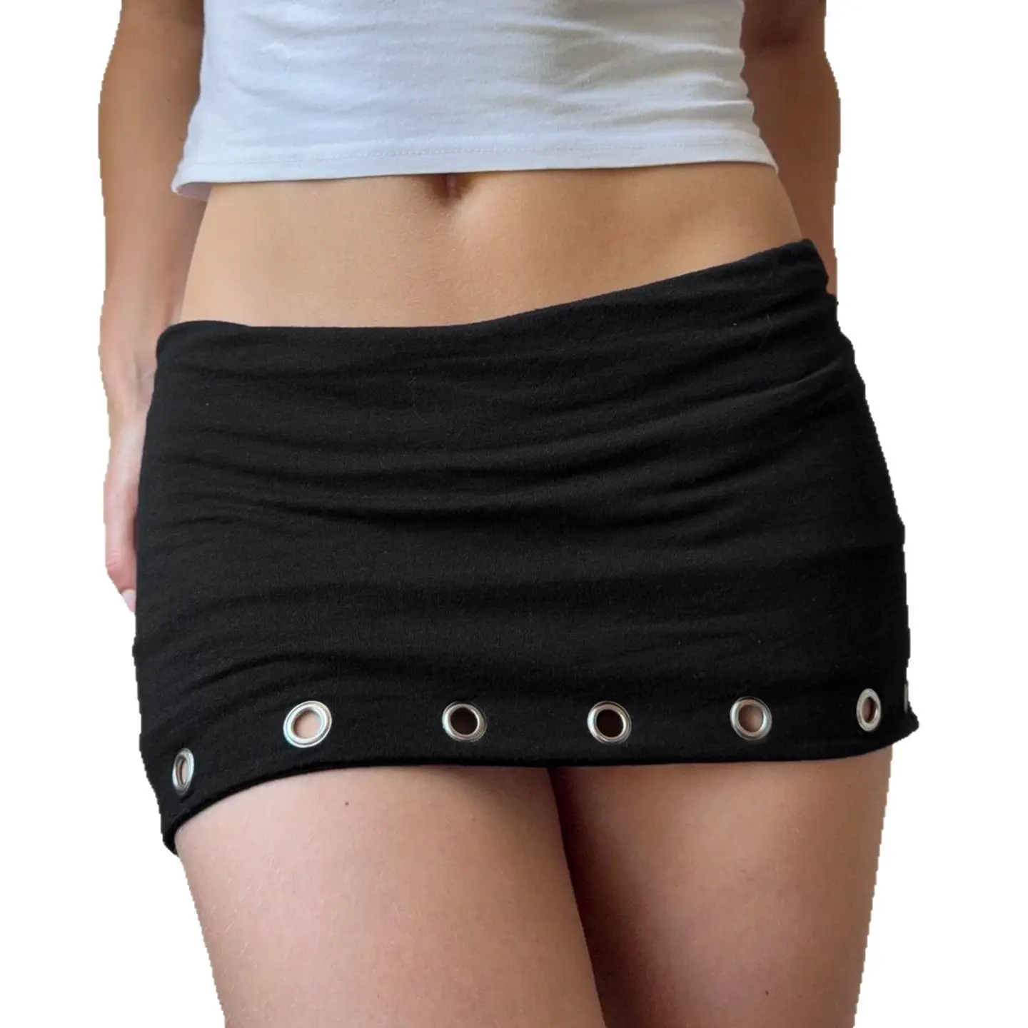Metal Grommet-punched Low-rise Body-hugging Edgy Casual Style Solid-color Mini Skirt For Bold Chic Looks
