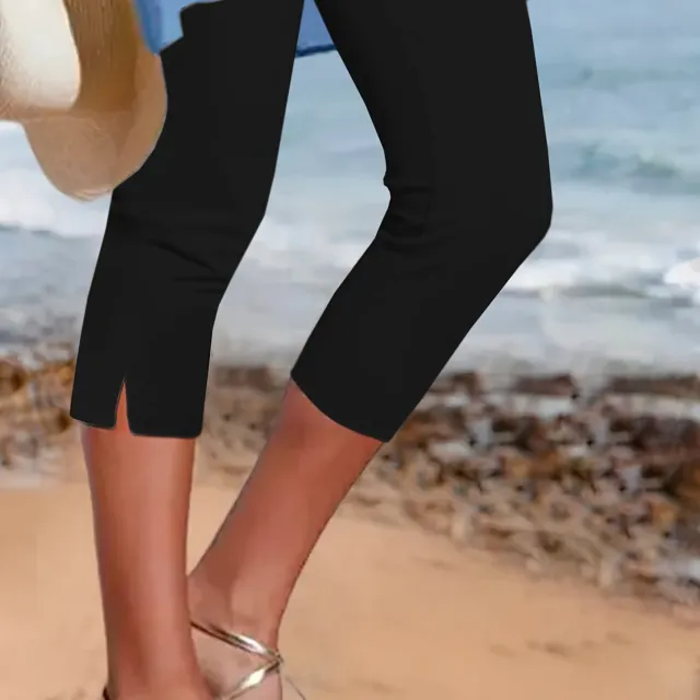 Women's Solid Color Breathable Slimming Split Cropped Pants Black - Shop at LoveMi