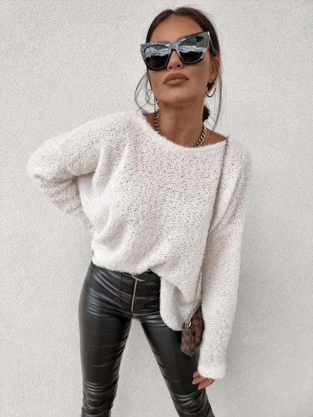 Women's Loose Long sleeved Off shoulder Sweater White - Shop at LoveMi