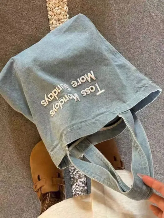 Embroidered Jean Bag Fashion All match Class Commuter Bag Retro American Shoulder Hand held Tote Blue - Shop at LoveMi