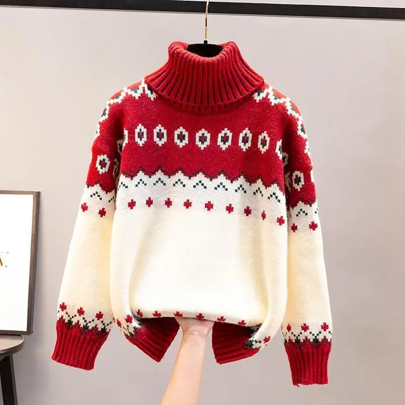 Loose Christmas Turtleneck Female Knitting Sweater - Red