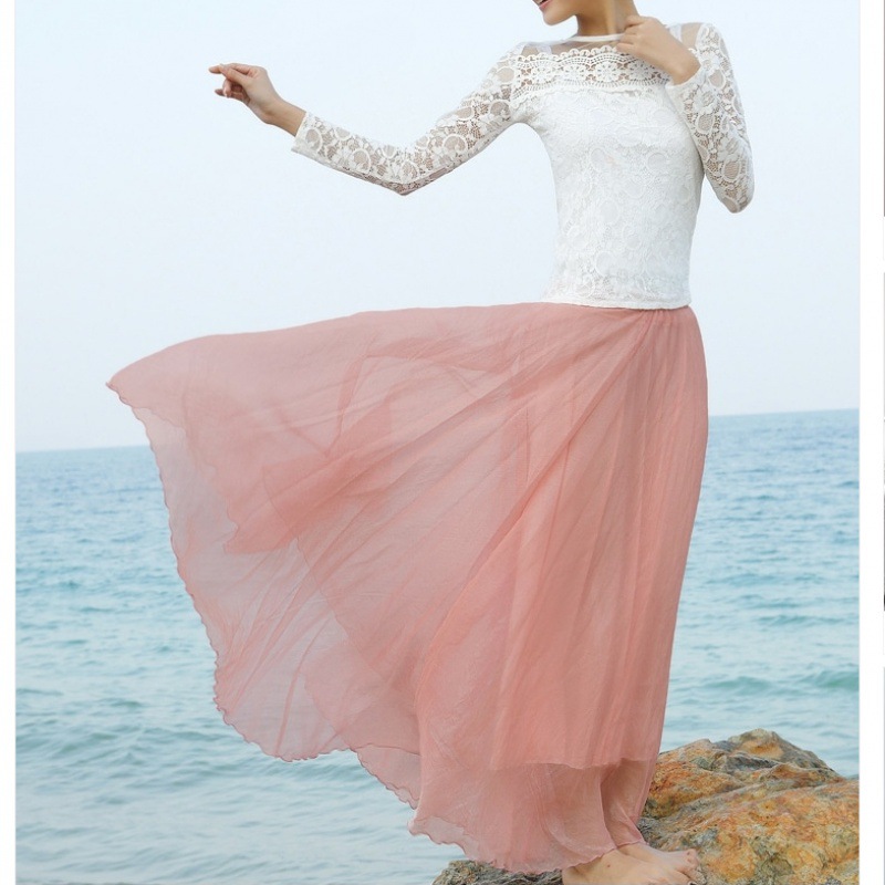 Gold Silk Chiffon Mop Large Swing Dress Elegant Beach Dress Lotus Root Pink - Shop at LoveMi