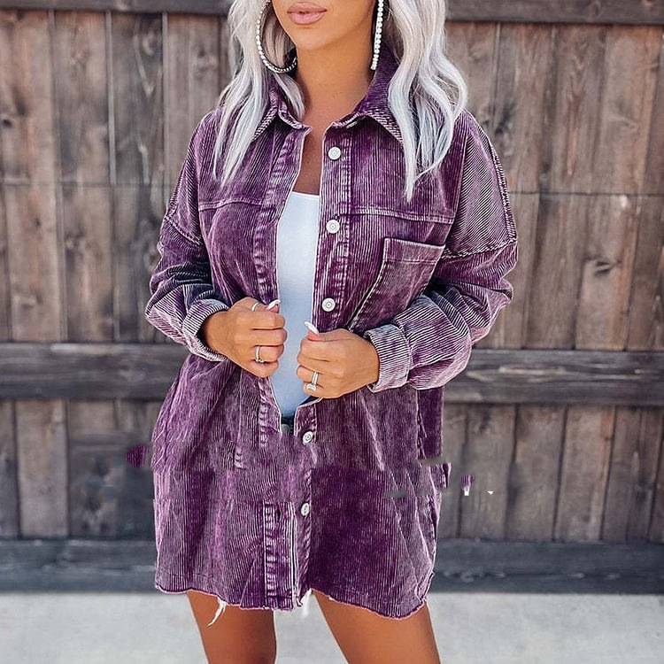 Retro Distressed Corduroy Shirt Jacket Coat For Women Purple - Shop at LoveMi