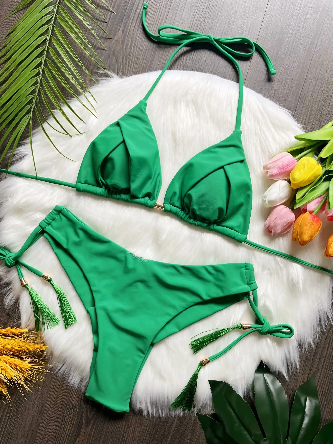 Tassel Pure Color Bikini Swimsuit Set