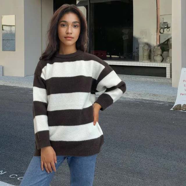 European And American Round Neck Long Sleeve Knitted Black And White Stripes Contrast Color Wool Tops Women Brown - Shop at LoveMi