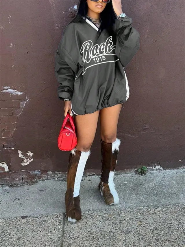 Women's Letter Print Color Block Loose Sweatshirt Gray - Shop at LoveMi