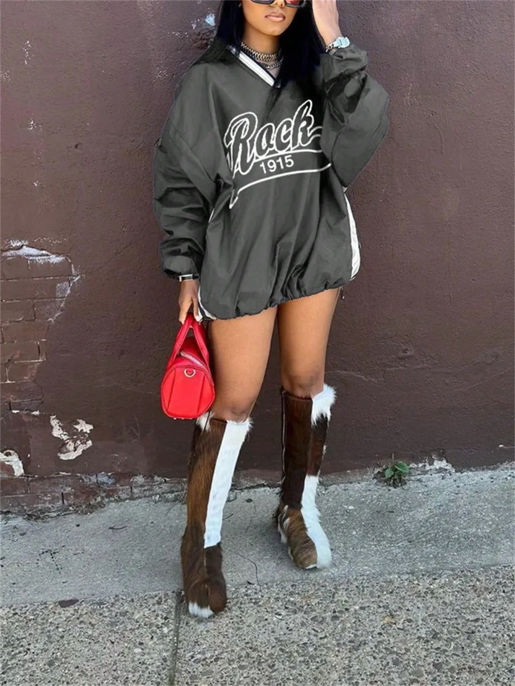 Women's Letter Print Color Block Loose Sweatshirt - Gray