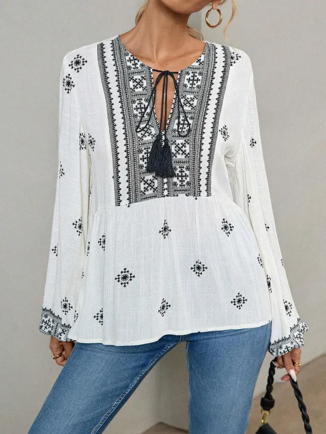 Retro National Style Half open Collar Lace up Loose Lantern Sleeve Shirt White - Shop at LoveMi