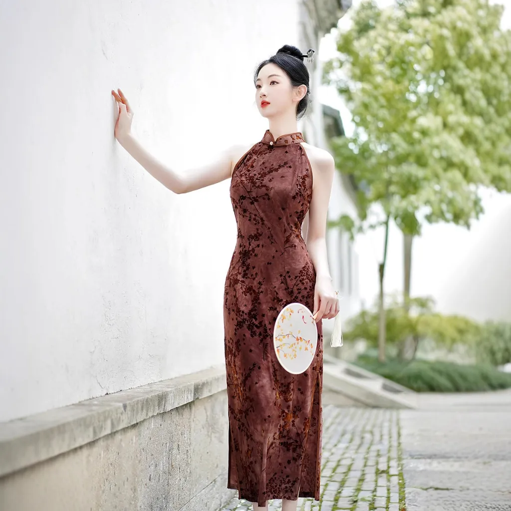 Womens New Chinese-style Halter Cheongsam Slimming Midi Dress - Rose