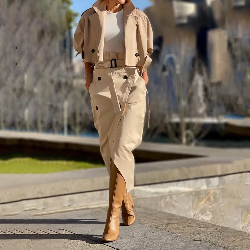 Leisure Workwear Elegant Button Belt Suit Skirt