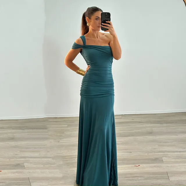 Solid Color Sexy Oblique Shoulder Pleated Side Slit Slim Fit Dress Green - Shop at LoveMi