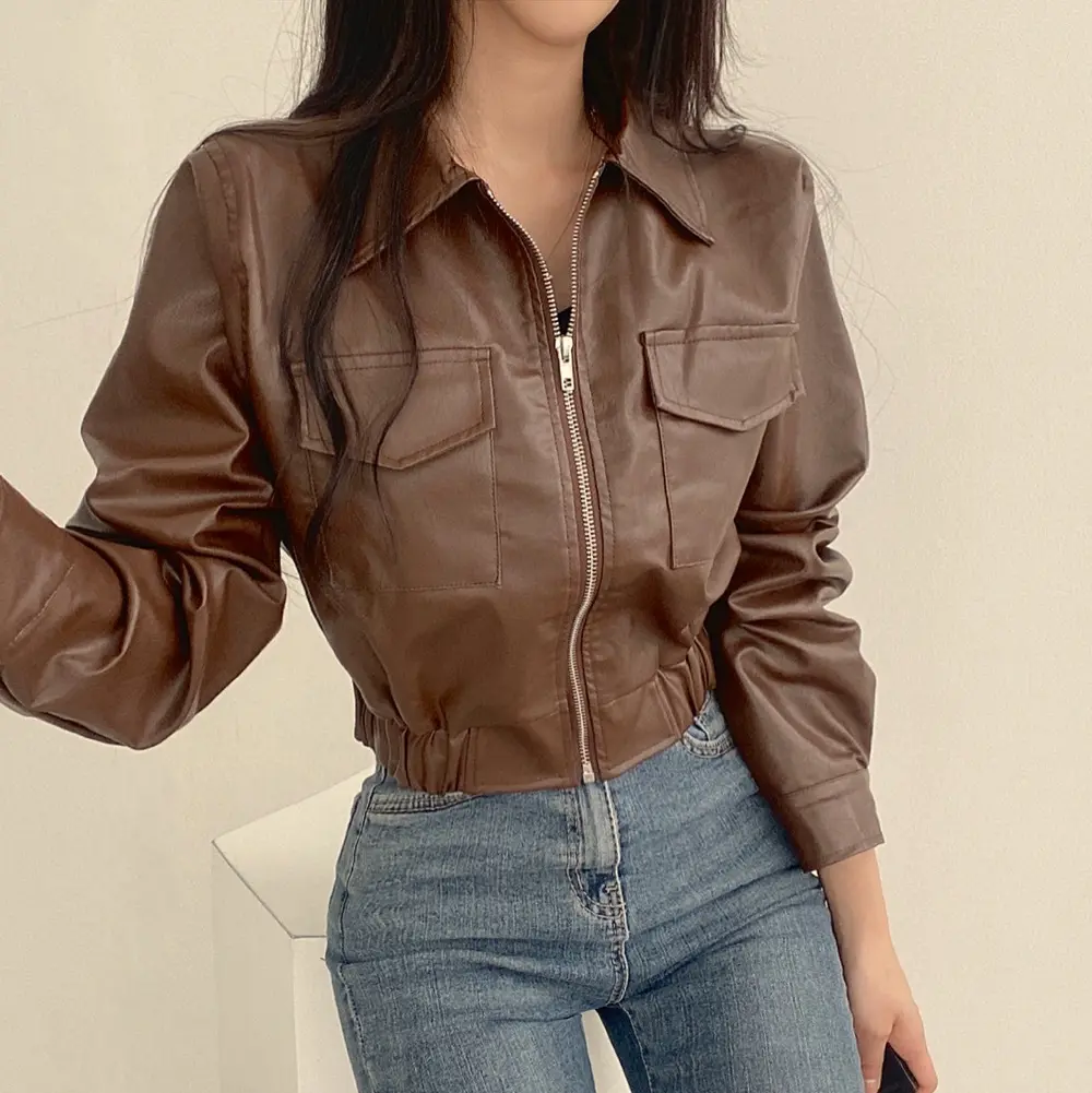 Double Pocket Lapel Leather Coat Jacket