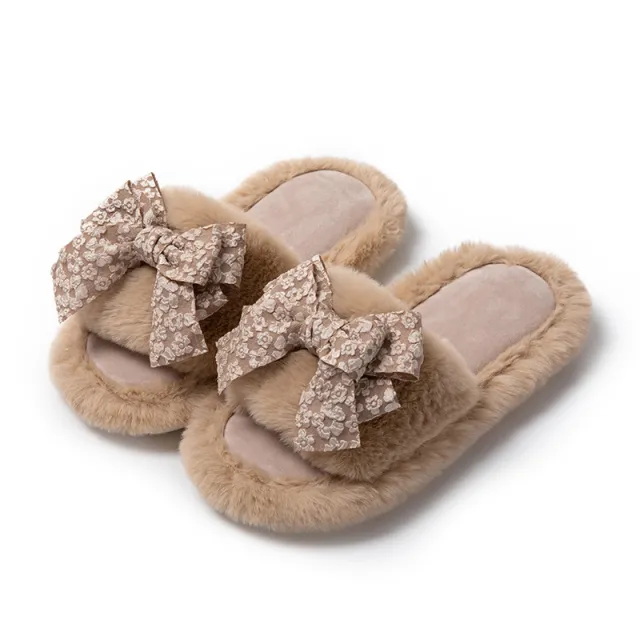 Bowknot Girl Cotton Slippers Female Home Brown - Shop at LoveMi