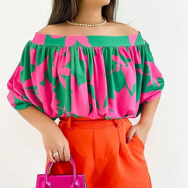 Women's Fashionable Pleated Loose Batwing Sleeve Short Sleeve Top Rose Red - Shop at LoveMi