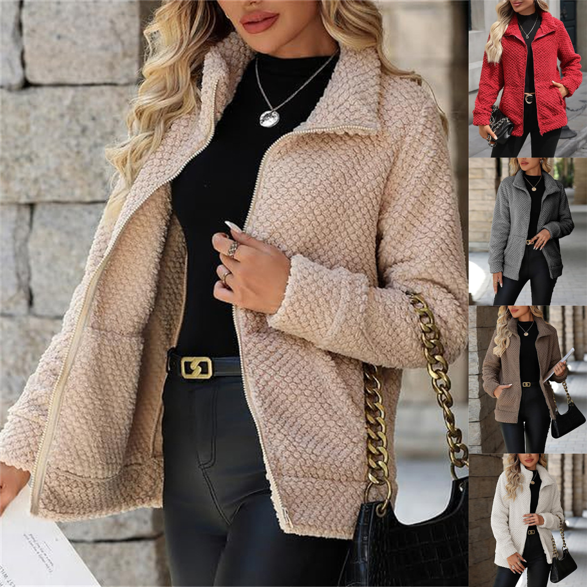 Women's Padded Fleece-Lined Zip-Up Jacket With Pocket And Lapel