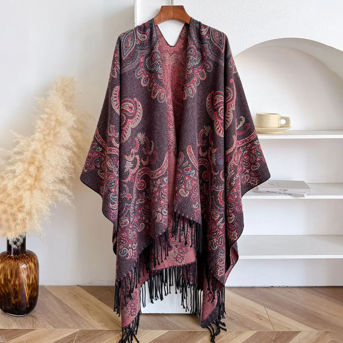 Jacquard Cashew Fringe Shawl Cardigan Womens Scarf