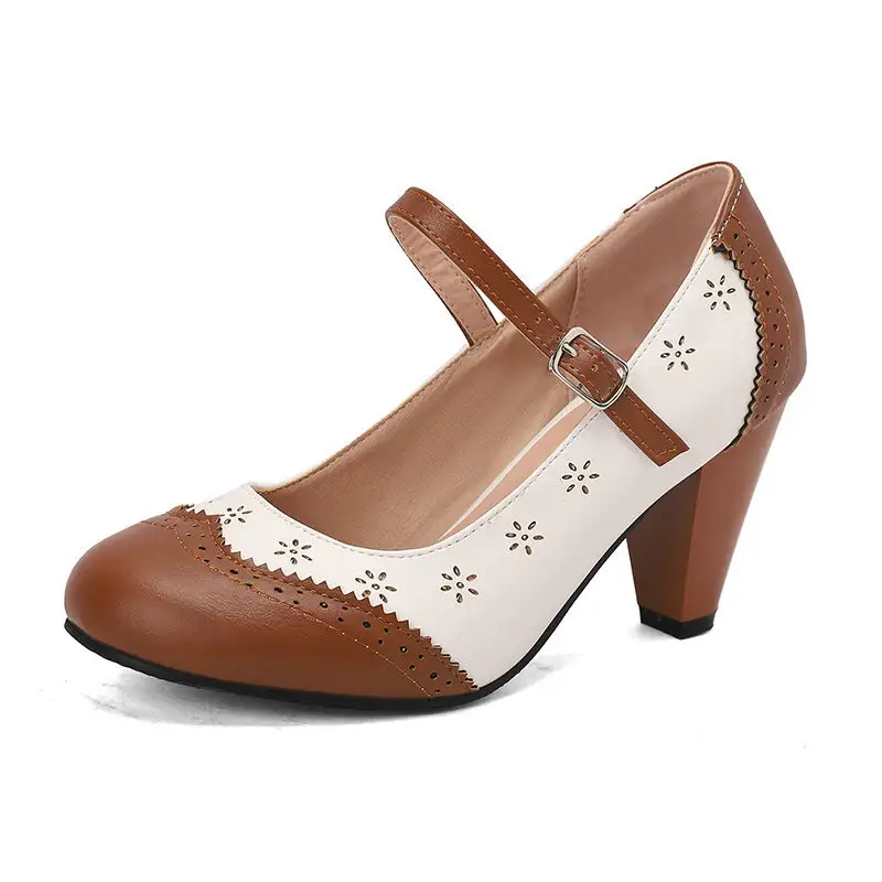 British Style Female Round Headed Hollow Carved Rough Heel High Heels
