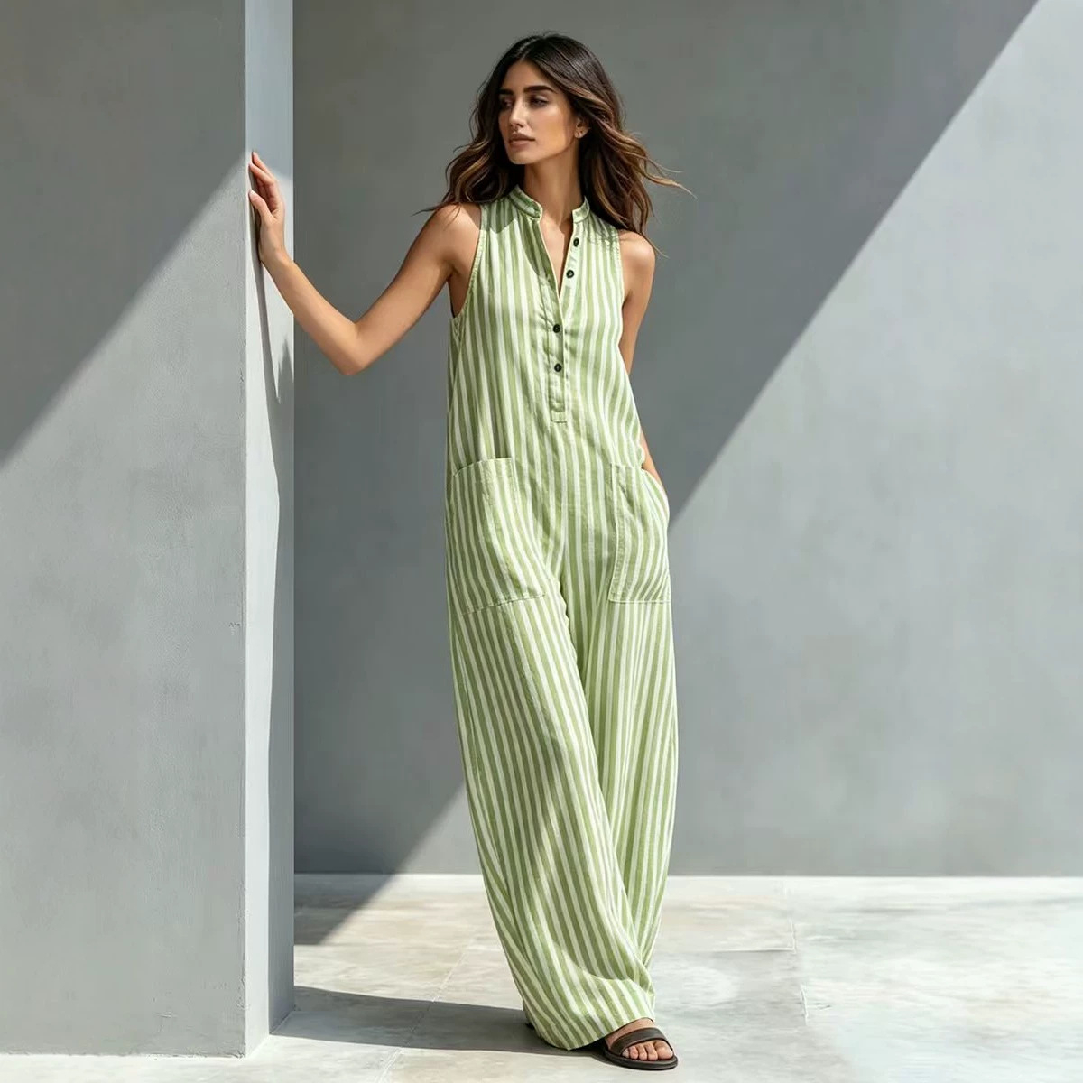 Fashionable Loose V-Neck Long Striped Jumpsuit